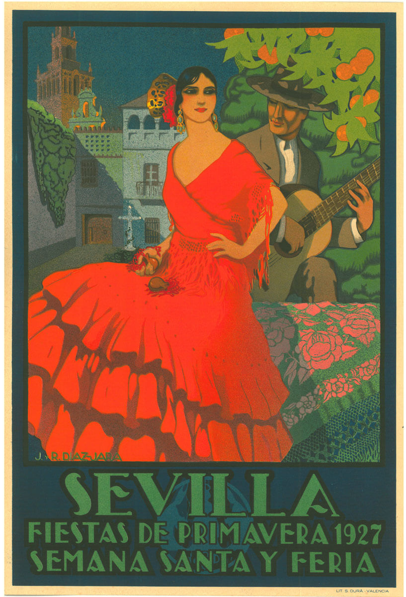 Reproducción del cartel de las Fiestas de Primavera de Sevilla, 1927, en alta calidad.