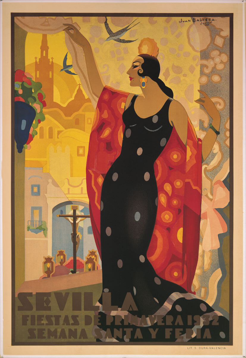 Reproducción del cartel de las Fiestas de Primavera de Sevilla, 1932, en alta calidad.