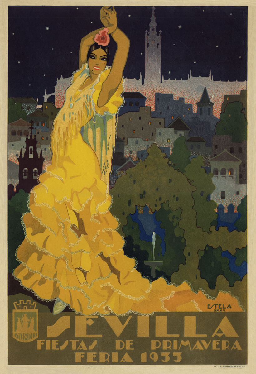 Reproducción del cartel de las Fiestas de Primavera de Sevilla, 1933, en alta calidad.