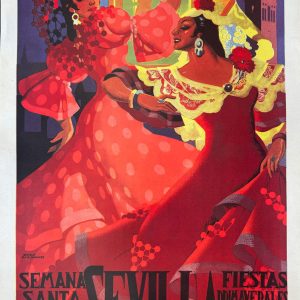 Reproducción del cartel de las Fiestas Primaverales de Sevilla, 1945, en alta calidad.