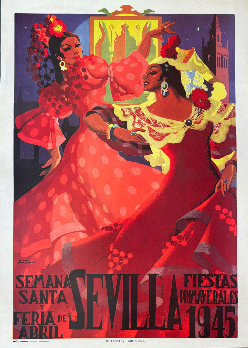 Reproducción del cartel de las Fiestas Primaverales de Sevilla, 1945, en alta calidad.