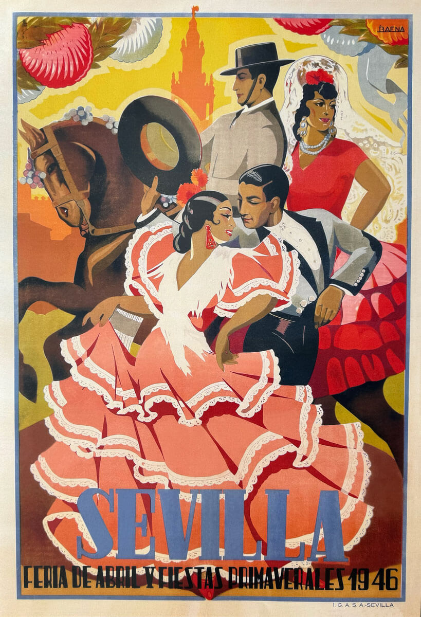 Reproducción del cartel de las Fiestas Primaverales de Sevilla, 1946, en alta calidad.
