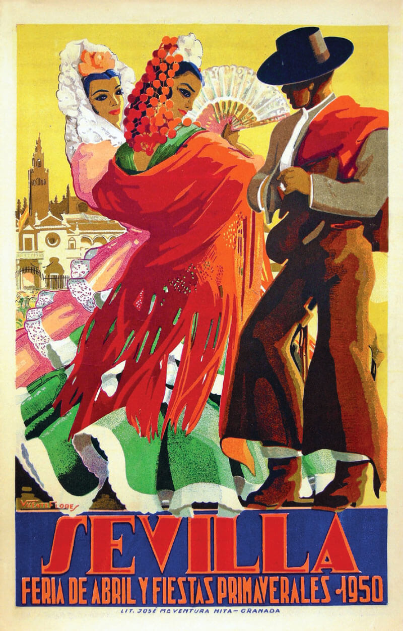 Reproducción del cartel de las Fiestas Primaverales de Sevilla, 1950, en alta calidad.