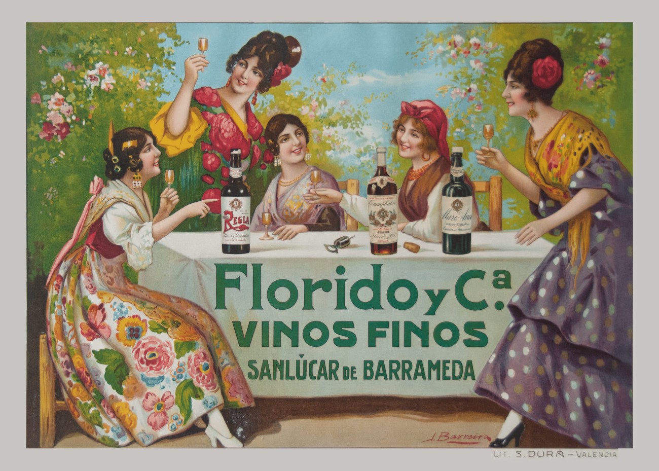 Póster mujeres degustando vinos Florido en traje regional