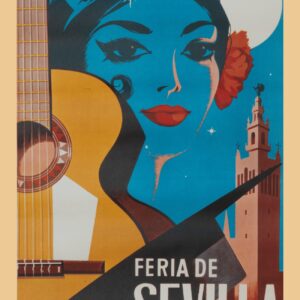 Póster Feria de Sevilla 1966 con rostro de mujer andaluza, clavel rojo, guitarra flamenca y la Giralda bajo un cielo azul nocturno.