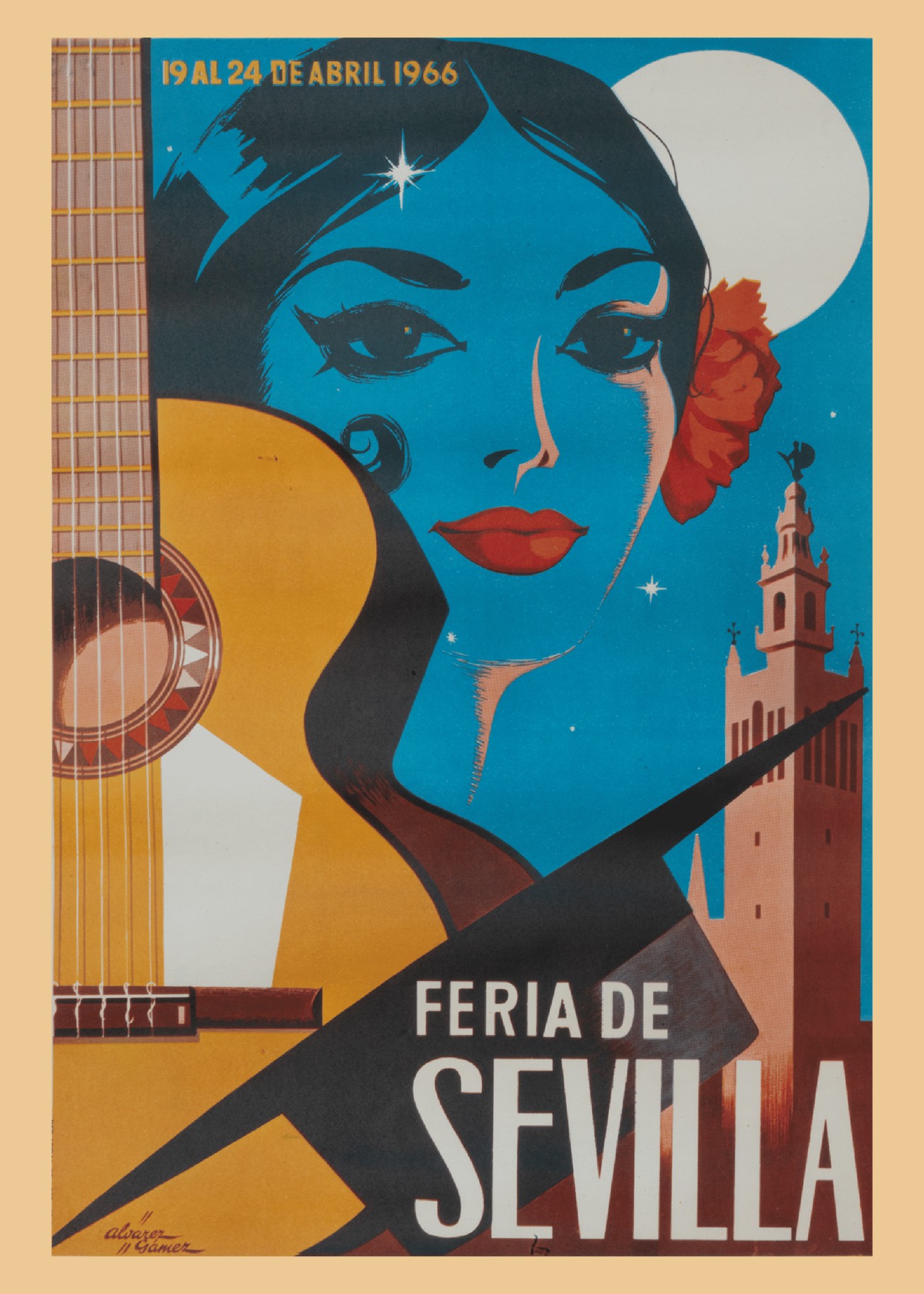 Póster Feria de Sevilla 1966 con rostro de mujer andaluza, clavel rojo, guitarra flamenca y la Giralda bajo un cielo azul nocturno.